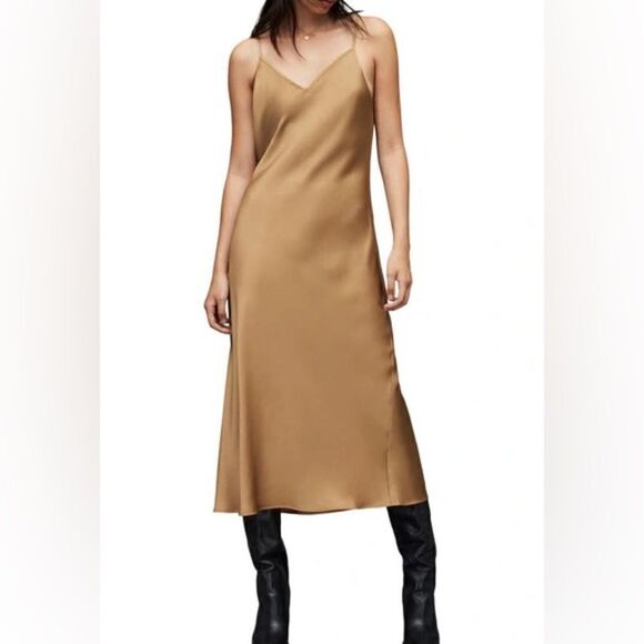 All Saints Dress Two in One Tierny Roll Neck Sweater Slip Midi Brown Camel Med - Picture 3 of 13